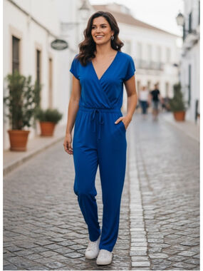 Women's PrettyGarden Blue Short Sleeve V-Neck Jumpsuit S
